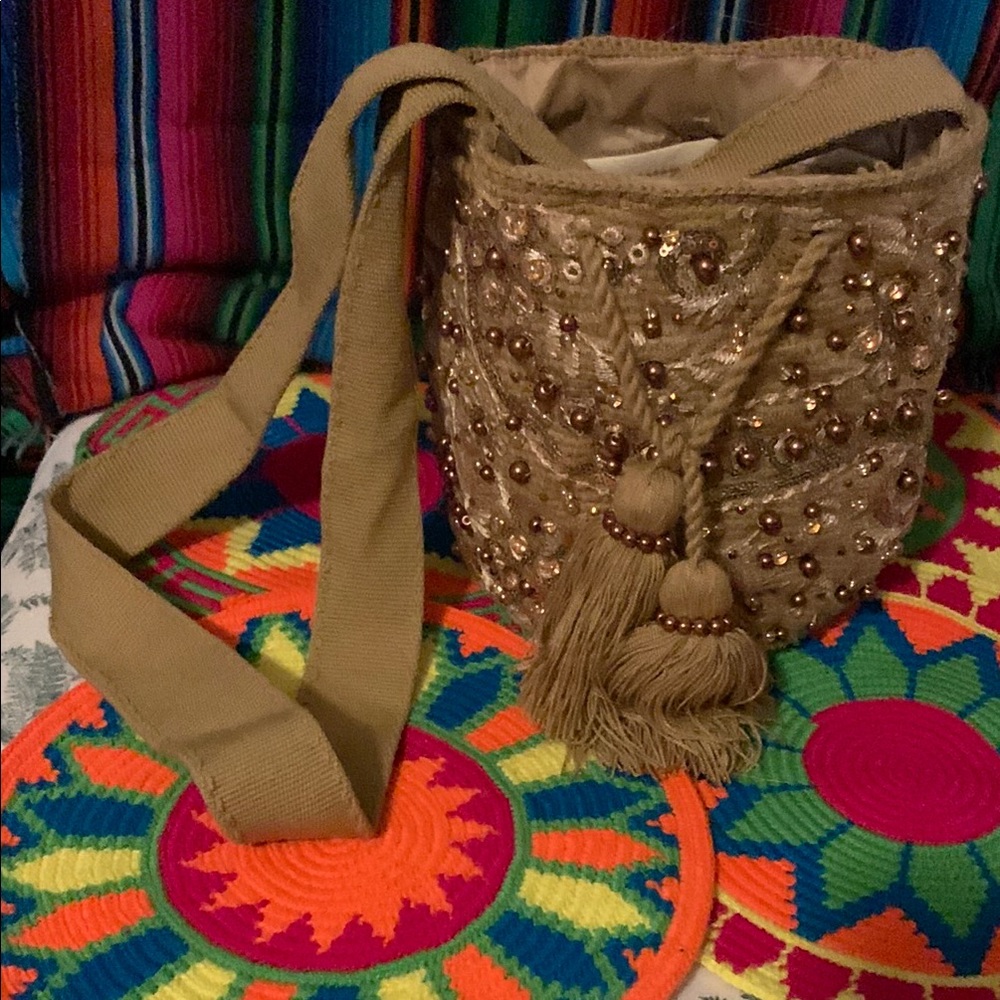 Embellished Tan Bucket Bag